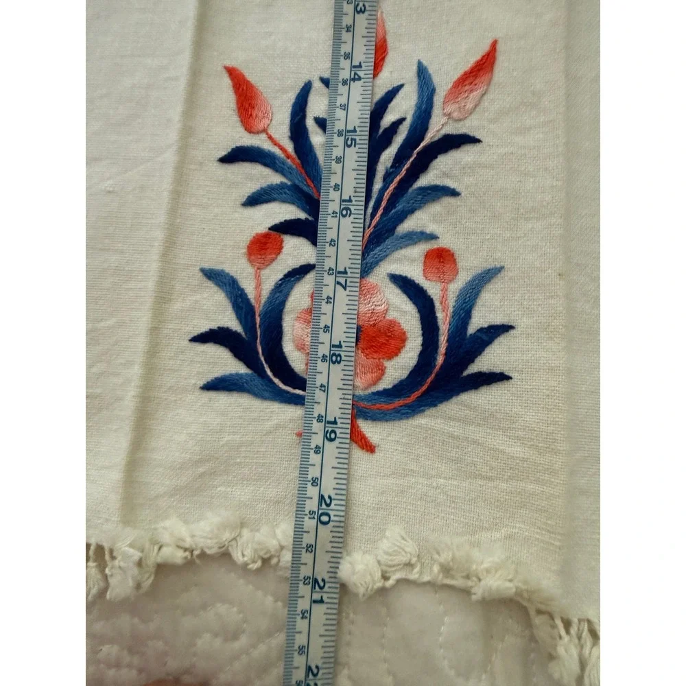 Pair Vintage Hand Embroidered Folk Floral Guest Towels  Fringe Cottagecore